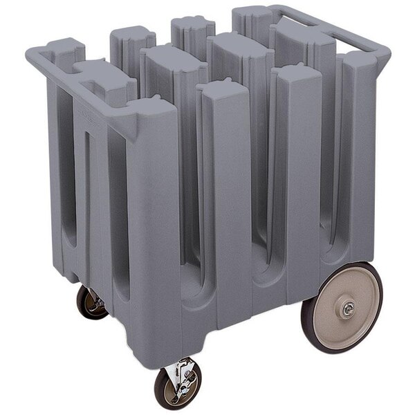 A gray plastic Cambro dish dolly with wheels.