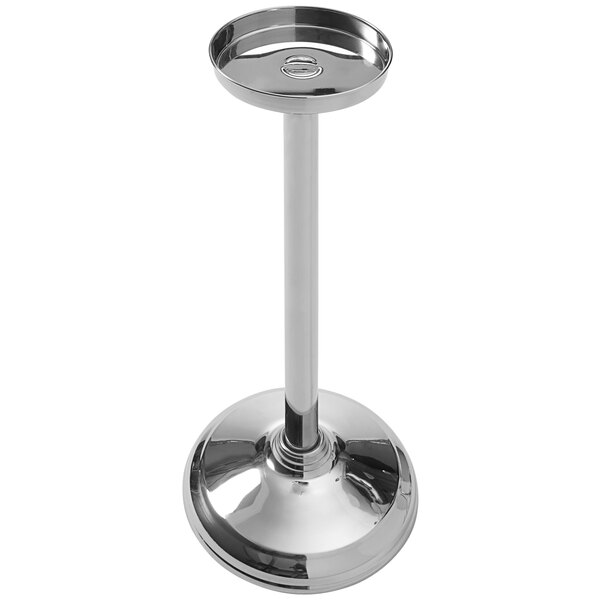 A silver stainless steel stand with a round metal base.