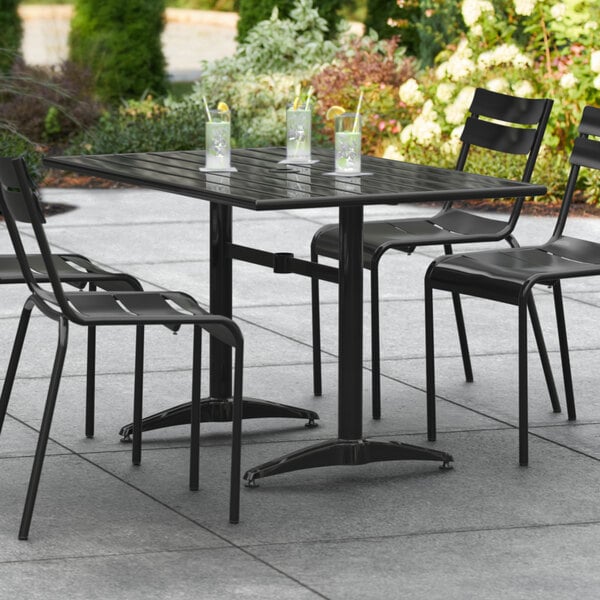 Lancaster Table & Seating 32" x 48" Black Powder-Coated Aluminum Dining Height Outdoor Table with Umbrella Hole