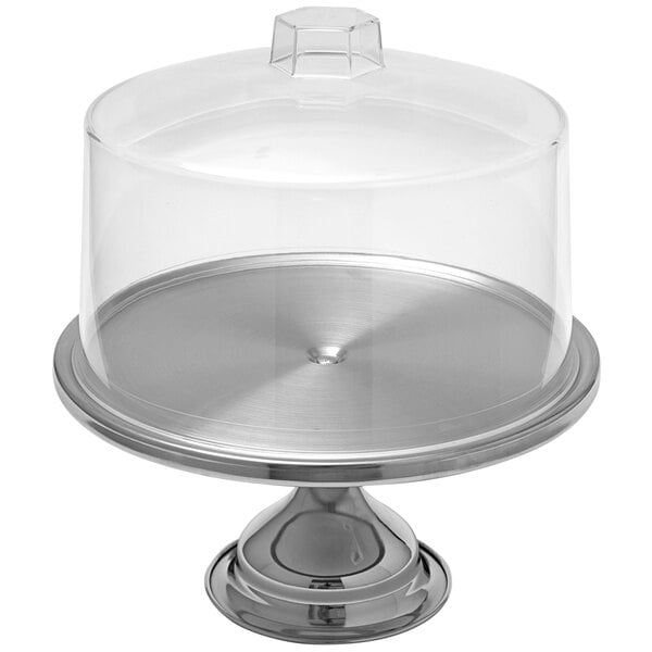 An American Metalcraft stainless steel cake stand with a clear glass cover.