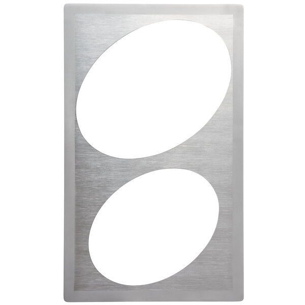 A silver frame with two ovals on a stainless steel plate.