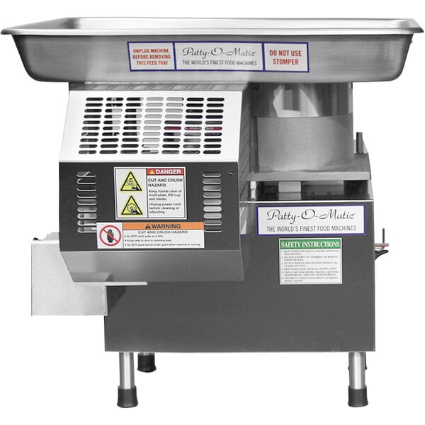 A Patty-O-Matic PR12 commercial patty forming machine with a stainless steel surface.