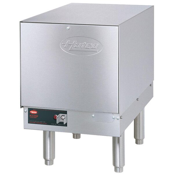A silver square stainless steel Hatco booster water heater with a black label.