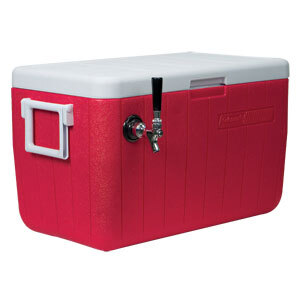 A red Micro Matic insulated jockey box with a white lid and faucet.