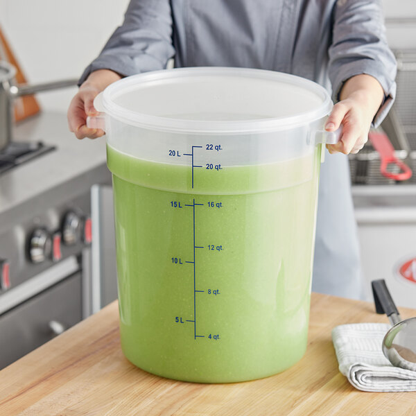 A woman holding a Vigor translucent plastic food storage container filled with green liquid.