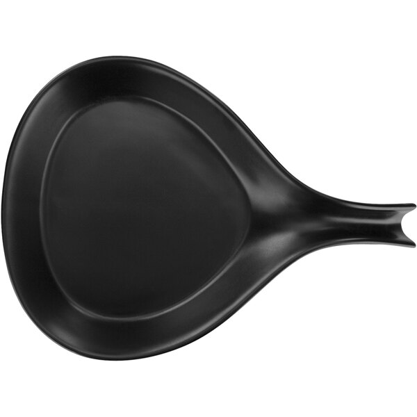 A black plastic spoon with a triangle-shaped head.