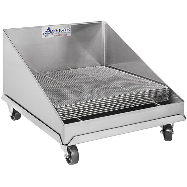 An Avalon Manufacturing stainless steel screen drain on a metal cart with wheels.