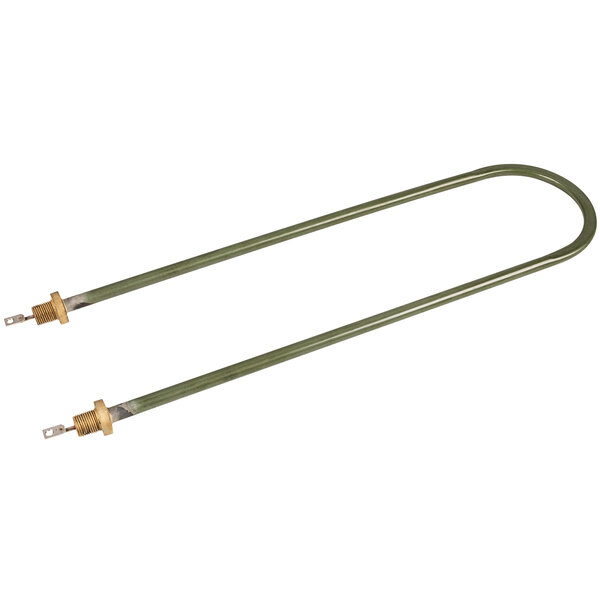 A green heater element with gold caps and green metal rods.
