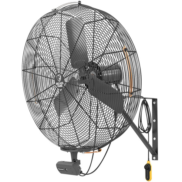 A Big Ass Fans AirEye wall-mounted fan in black with a large black fan on it.