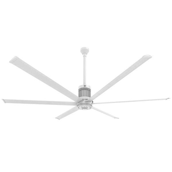 A white aluminum Big Ass Fans outdoor ceiling fan with three blades.