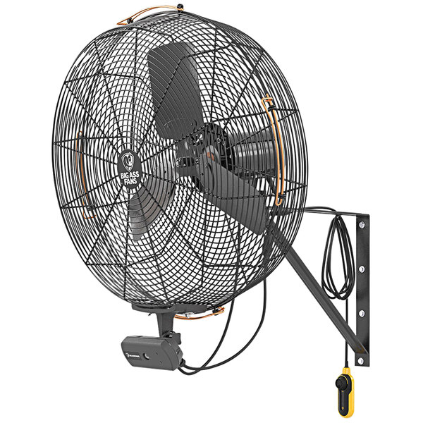 A Big Ass Fans wall-mounted fan in midnight black with a cord.