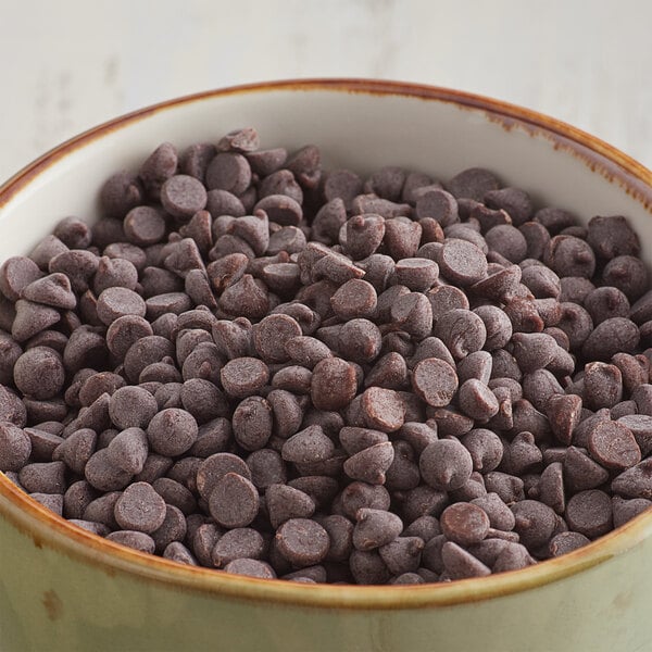 A bowl of Enjoy Life semi-sweet vegan chocolate chips.