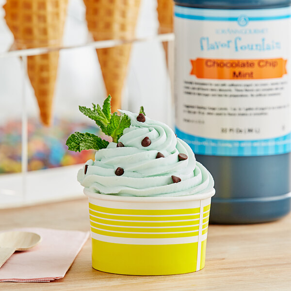 A cup of LorAnn Chocolate Chip Mint flavored ice cream with mint leaves on top.