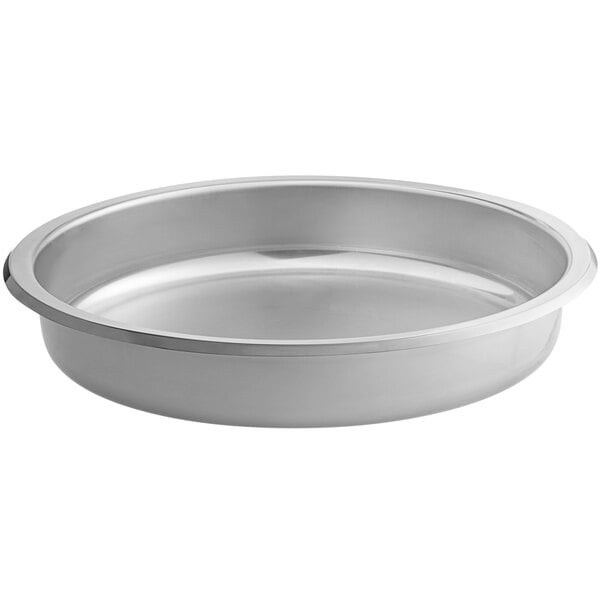 An Acopa Manchester stainless steel round chafer food pan with a lid.