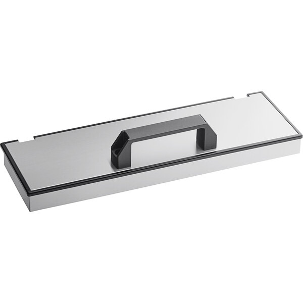 A metal rectangular lid with a black handle.