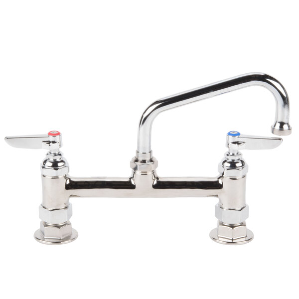 A T&S chrome deck-mounted faucet with two lever handles and a swing nozzle.