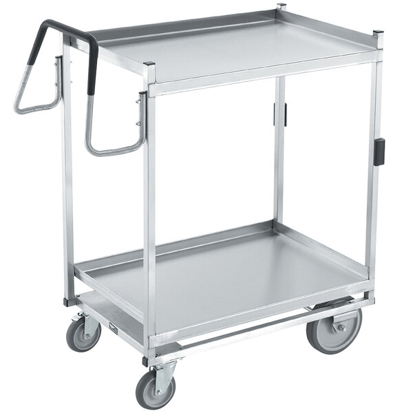 A silver stainless steel Vollrath utility cart with two shelves and black handles.