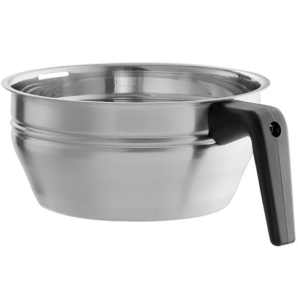A stainless steel coffee brew basket with a black handle.