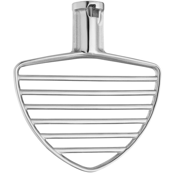 A silver stainless steel pastry beater attachment for a KitchenAid mixer.