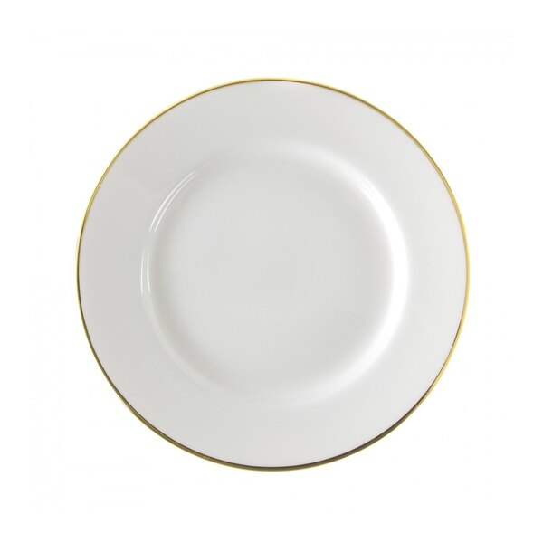 A white porcelain bread and butter plate with a gold rim.