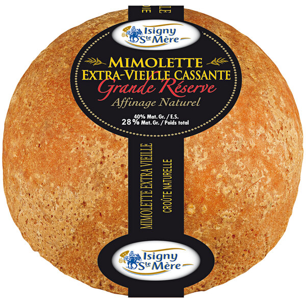 A 6 lb. package of Isigny Mimolette Cheese with a black label.
