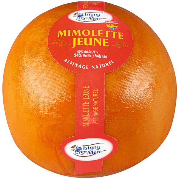 A package of Isigny Mimolette cheese with a red label.