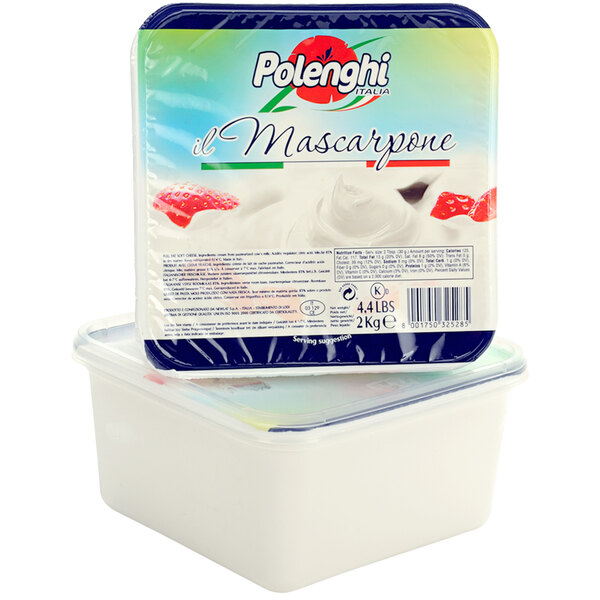 A plastic container of Polenghi Mascarpone Cheese with a lid.