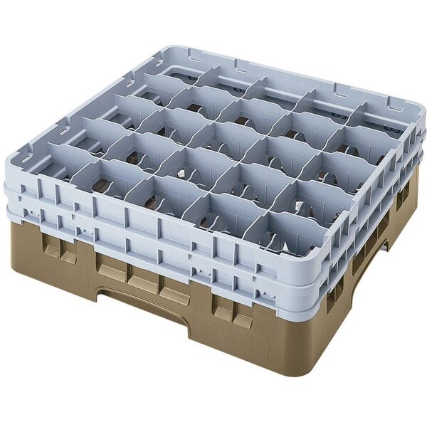 A beige plastic glass rack with 25 compartments and 5 extenders.