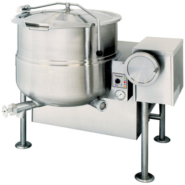 A Cleveland stainless steel tilting steam jacketed kettle with a lid.