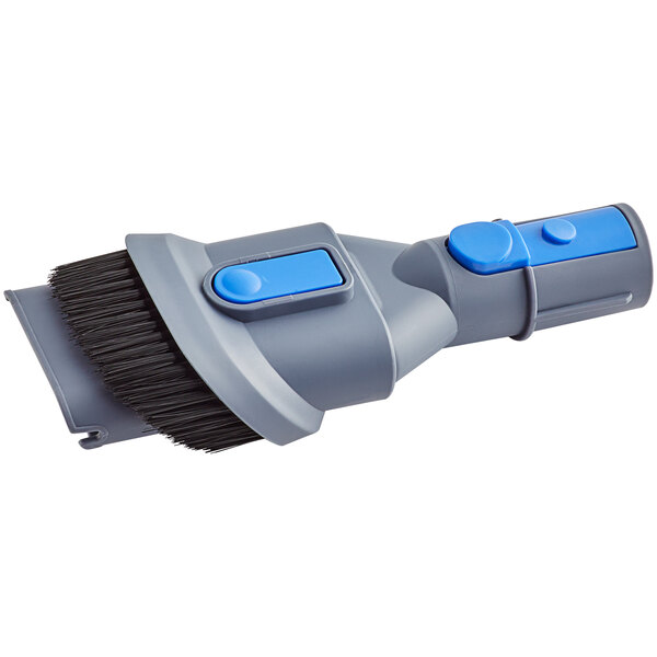A blue and gray Lavex dust brush attachment for a stick vacuum.