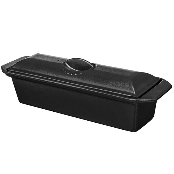 A black rectangular Chasseur enameled cast iron terrine with a lid.