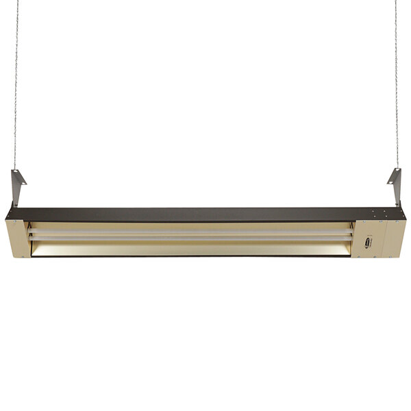 A brown rectangular TPI outdoor electric infrared heater.