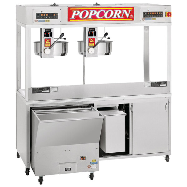 A Cretors floor model popcorn machine with two large containers.