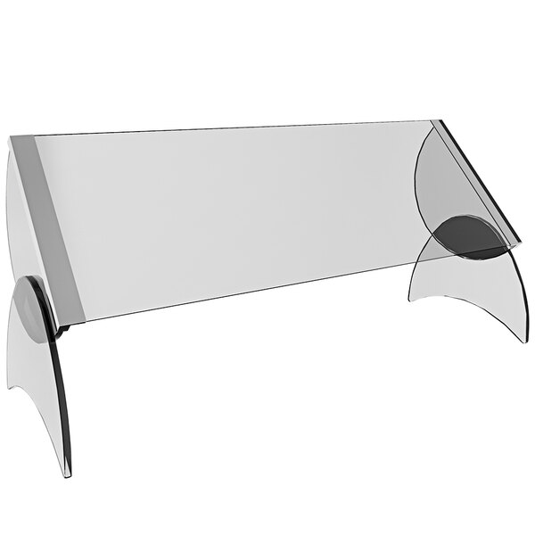 A Spring USA clear acrylic pivoting sneeze guard on a table with a curved edge.