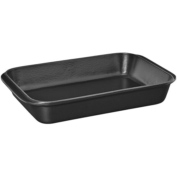 A black rectangular Chasseur enameled cast iron baking dish with a handle.