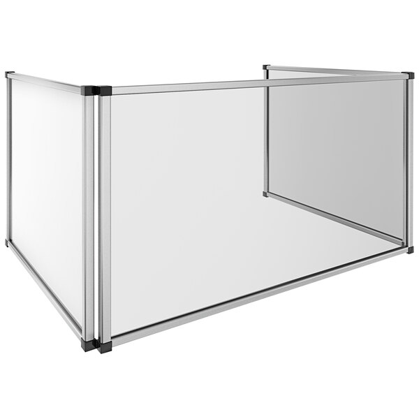 A clear acrylic sneeze guard with metal corners.