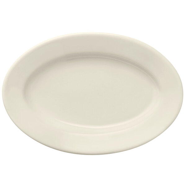 A white oval porcelain platter with a wide rim.
