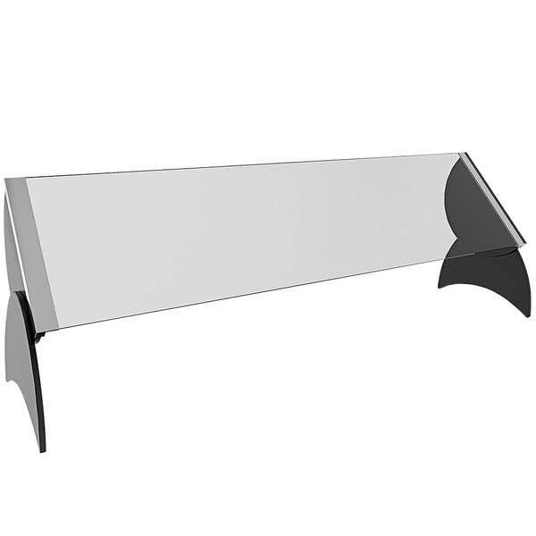 A white rectangular table with a black border and a clear acrylic portable sneeze guard.