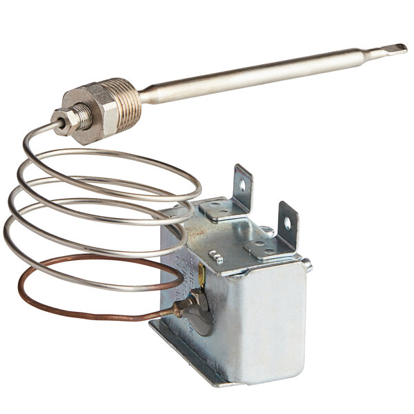A metal thermostat with a wire coil attached to it.