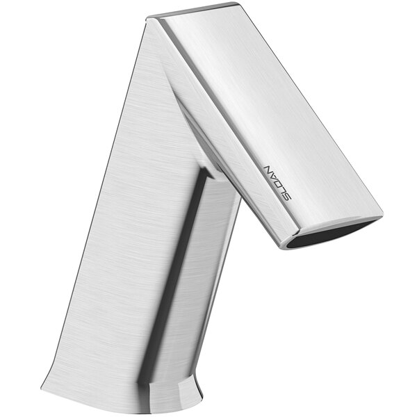 A Sloan polished chrome sensor faucet with a curved neck and double sensors.