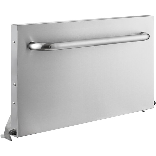 A stainless steel oven door with a handle.