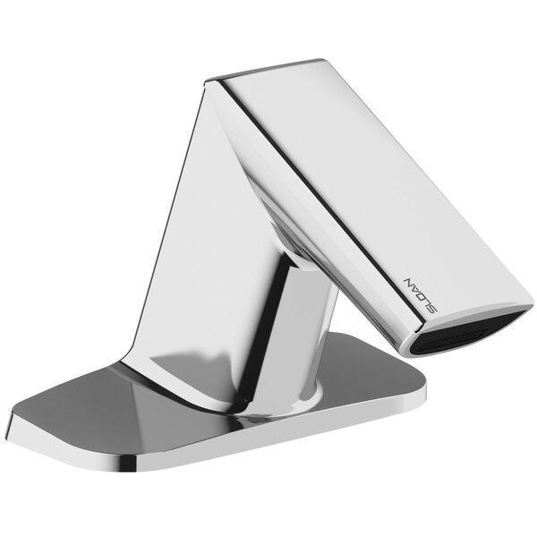 A Sloan polished chrome deck-mounted double sensor faucet with a white base and black spout.