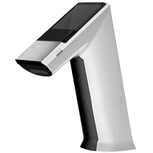 A Sloan polished chrome deck mounted sensor faucet with a black and silver sensor.