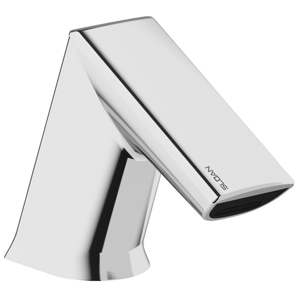 A chrome Sloan hands-free faucet with a black cover over the spout.