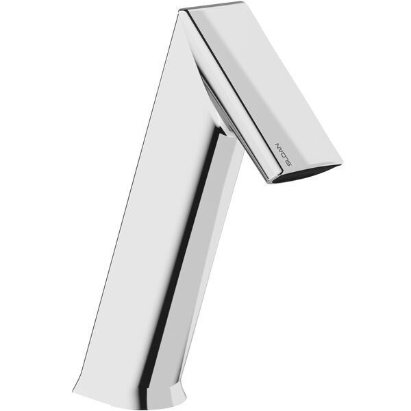 A Sloan polished chrome deck-mounted faucet with a curved neck and double sensors.