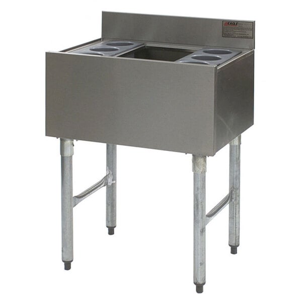 A stainless steel Eagle Group underbar ice bin with a cold plate and bottle holders.