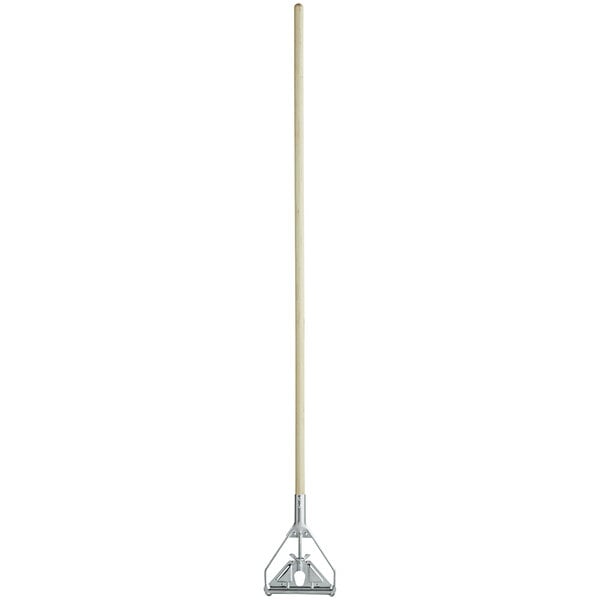 A white metal pole with a wooden stirrup on top.