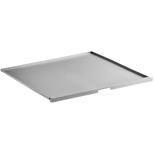 A stainless steel Cooking Performance Group crumb tray with a lid.
