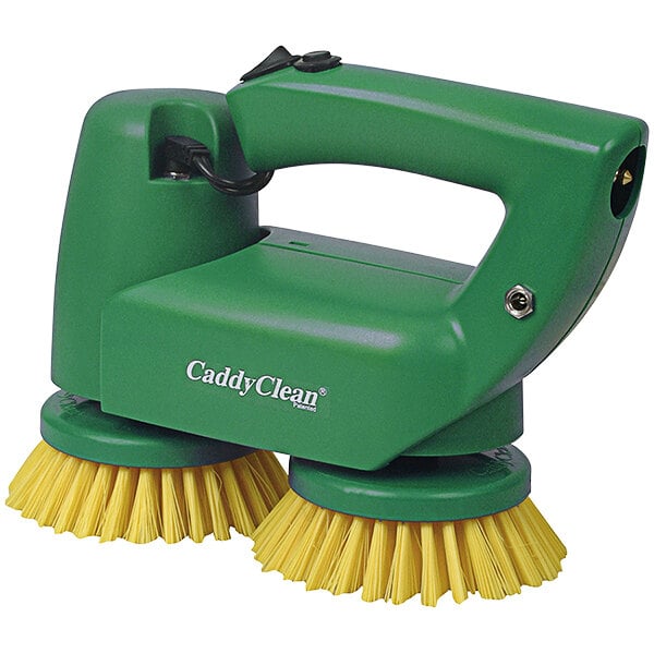 A green Bissell Dual Brush Scrubber and Polisher machine with a handle and yellow and green brushes in a caddy.