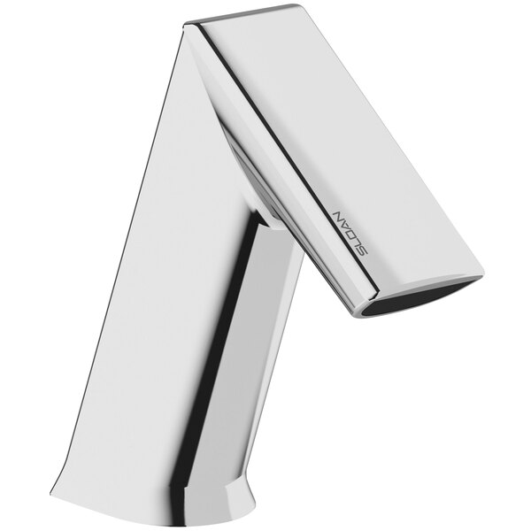 A close-up of a Sloan polished chrome hands-free faucet with a curved sensor.